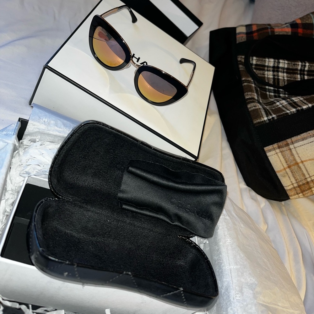 CHANEL Black Acetate Rose Goldtone Metal Cat Eye Sunglasses